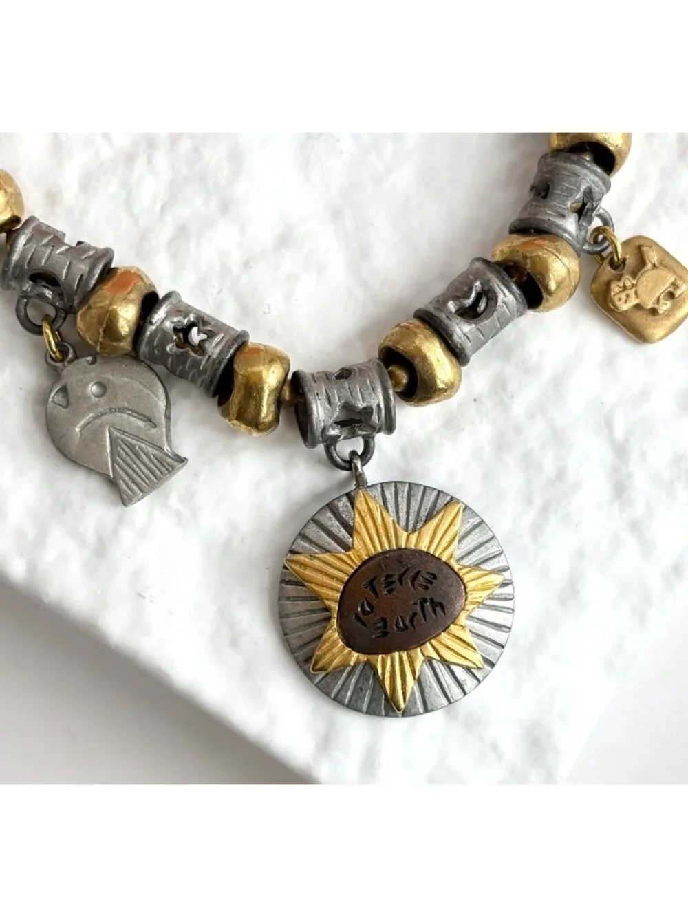 Liz Clairborne Gold & Silver Toned Beaded Terre Earth Medallion Pendant Bracelet